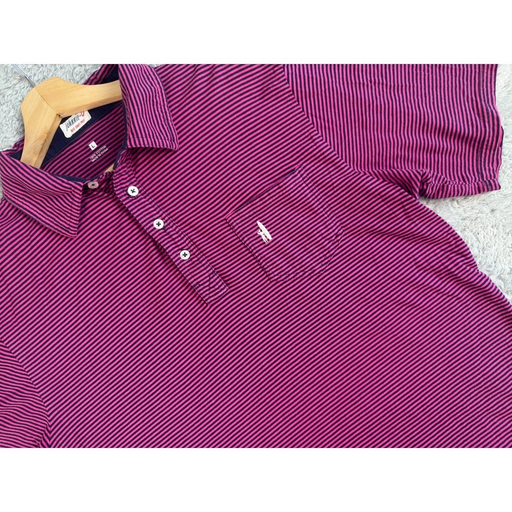 Johnnie-O West Coast Prep Mens Large Pink Navy Striped Cotton Pocket Polo Shirt
